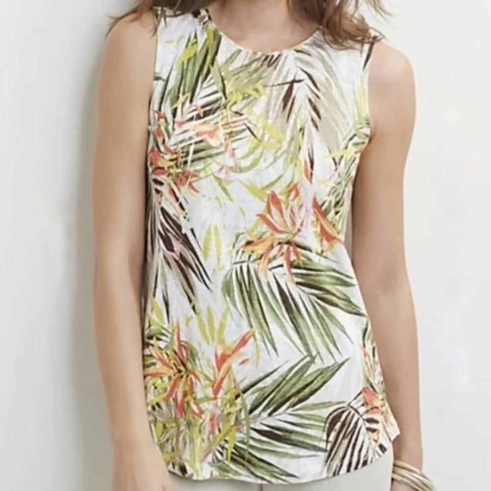 J. Jill Love Linen 100% Linen Tropical Cream Green Print Sleeveless Tank Top, S